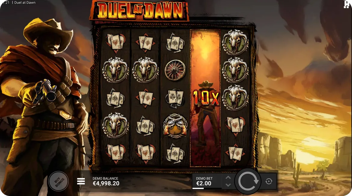 Duel at Dawn DuelReels feature in action with expanded VS symbol covering full reel and multiplier duel showing 10x multiplier