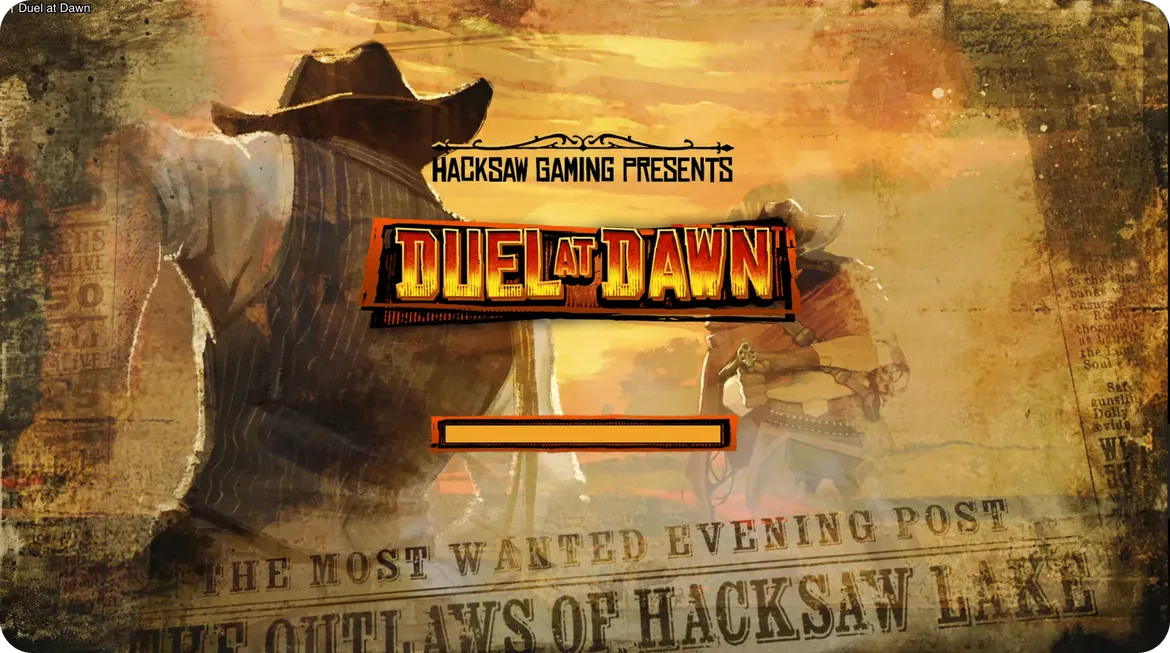 Duel at Dawn slot loading screen displaying Hacksaw Gaming logo and game title against a dusty desert canyon backdrop at sunrise