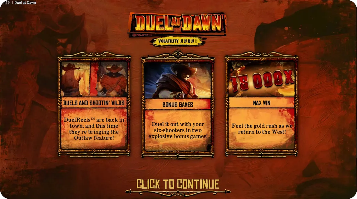 Duel at Dawn base game view showing 5x5 grid with Wild West symbols including sheriff badges, pistols, and cowboy hats with ominous outlaw figure