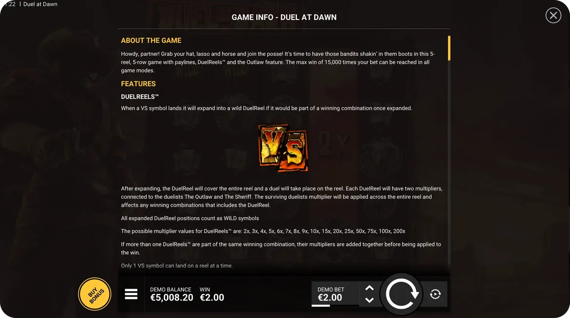 Duel at Dawn game settings menu displaying sound controls, autoplay options, bet adjustment, and game rules access panel
