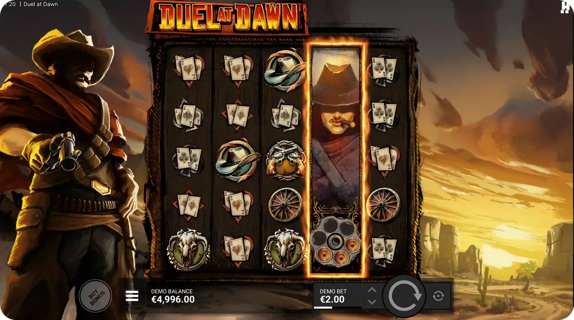 Duel at Dawn free spins bonus round triggered with FS scatter symbols visible and spin counter showing remaining free spins