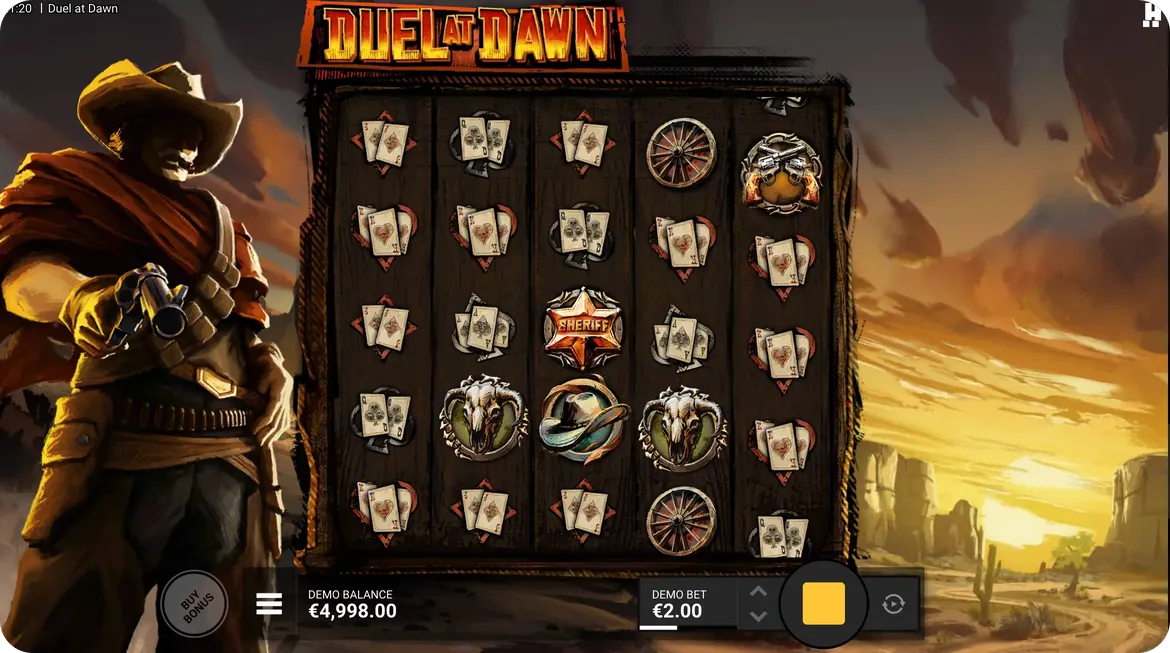 Duel at Dawn standard spin result displaying matching Wild West symbols forming winning combinations across the 19 paylines